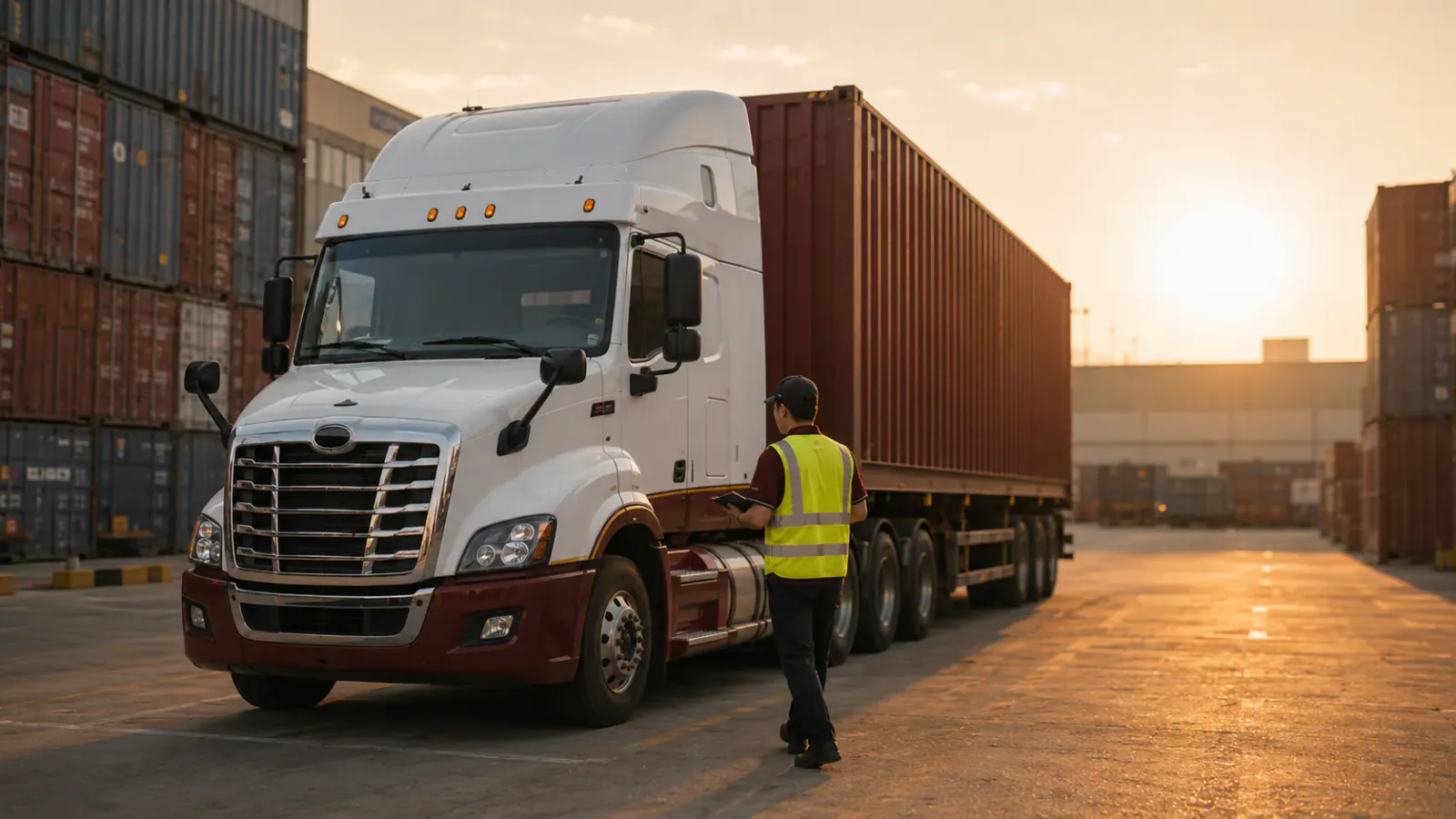 Nhân viên kiểm tra an toàn xe đầu kéo tại bãi container