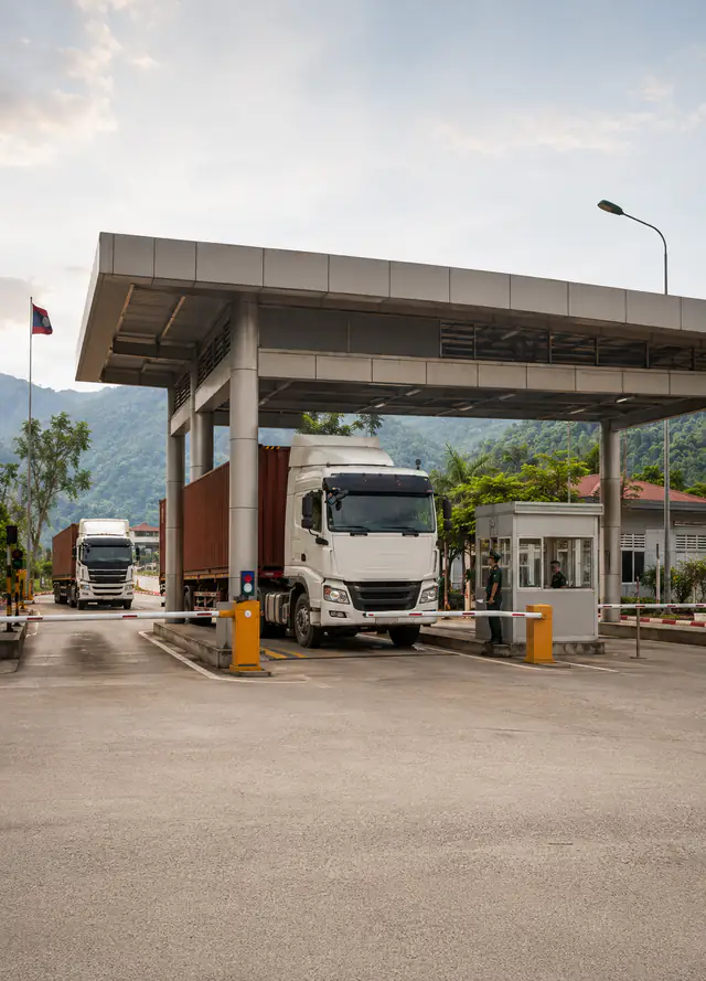 Đoàn xe tải làm thủ tục tại cửa khẩu quốc tế Lào